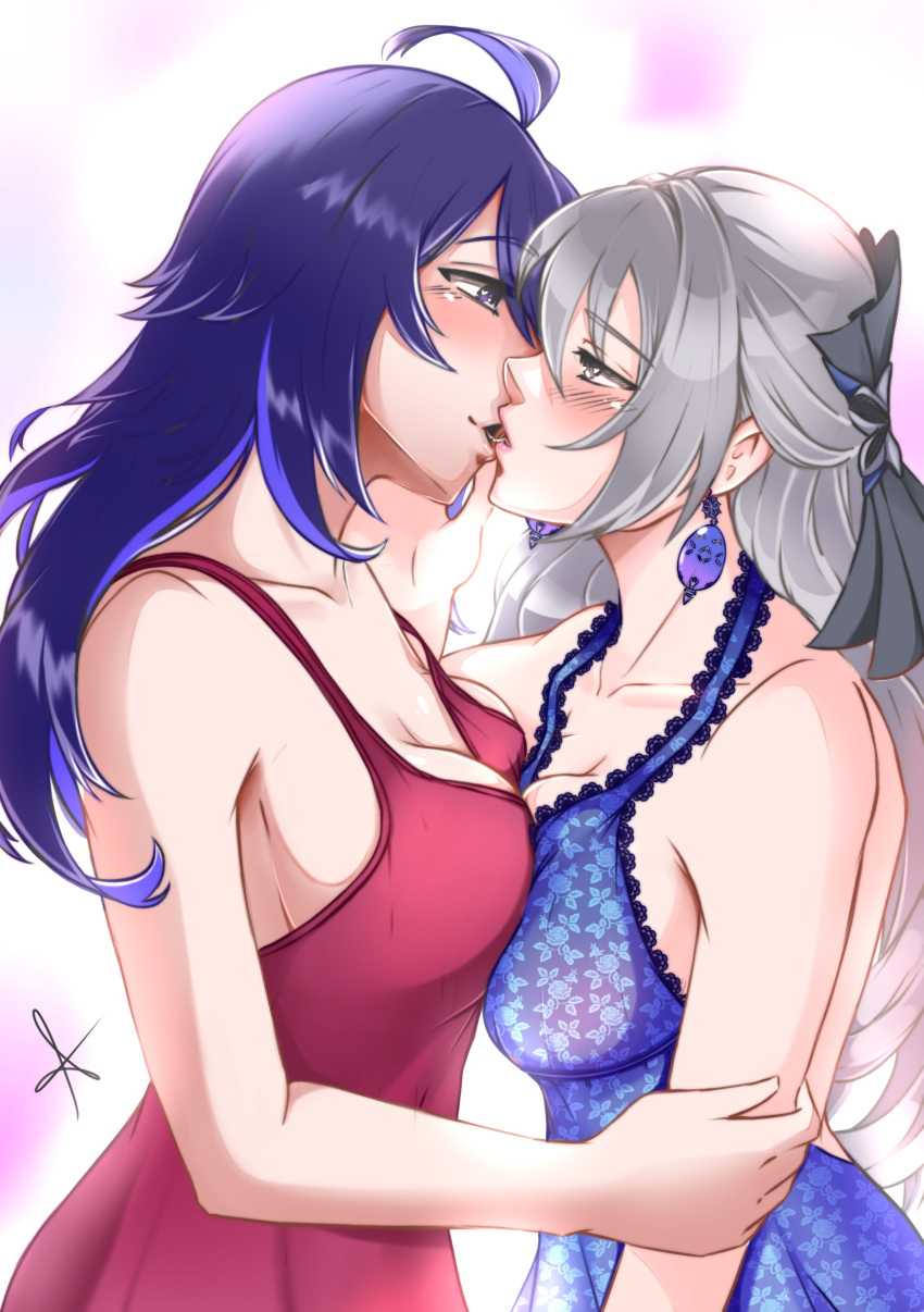 2girls absurdres ahoge bare_shoulders blue_dress blush breast_press breasts bronya_rand dress drill_hair earrings floral_print grey_eyes hair_between_eyes halter_dress halterneck hand_on_another's_cheek hand_on_another's_face highres holding_another's_arm honkai:_star_rail honkai_(series) jewelry kiss large_breasts looking_at_another multiple_girls open_mouth purple_eyes purple_hair red_draws5 red_dress saliva saliva_trail seele_(honkai:_star_rail) sidelocks signature simple_background upper_body yuri