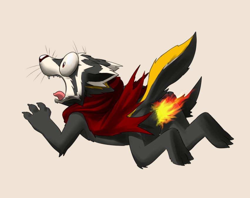 ambiguous_gender anthro badger burning butt butt_on_fire cape clothing fifybear fire hand_on_butt lying mammal mustelid musteline on_front open_mouth pain solo tail