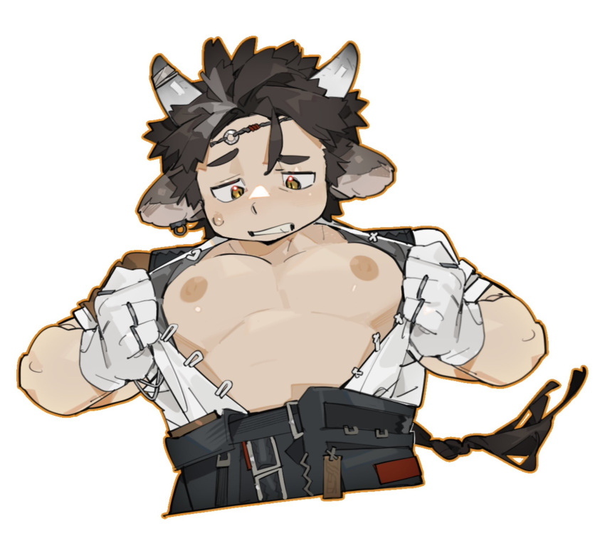 1boy animal_ears arknights bare_pectorals black_pants brown_eyes brown_hair commentary cow_boy cow_ears cow_horns gloves highres horns looking_at_chest lqqq male_focus nipples pants pectorals shirt sweatdrop symbol-only_commentary wan_qing_(arknights) white_gloves white_shirt