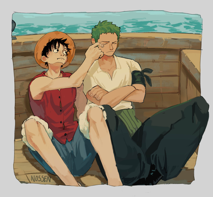 2boys absurdres bandana bandana_around_arm black_bandana black_eyes black_hair boat cheek_poking closed_eyes closed_mouth crossed_arms day earrings feet_out_of_frame green_hair haramaki hat highres jewelry male_focus monkey_d._luffy multiple_boys nossen ocean one_eye_closed one_piece outdoors poking red_vest roronoa_zoro scar scar_across_eye scar_on_cheek scar_on_chest scar_on_face short_hair sideburns single_earring sitting straw_hat vest watercraft