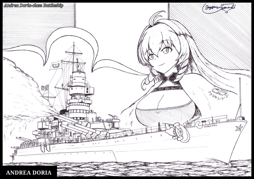 1girl andrea_doria_(azur_lane) andrea_doria_(battleship) antenna_hair azur_lane battleship breasts cape character_name cleavage commentary drill_hair drill_sidelocks emblem english_commentary graphite_(medium) greyscale hatching_(texture) highres large_breasts long_hair military_vehicle millipen_(medium) monochrome name_connection object_namesake ocean ship sidelocks signature the_general traditional_media warship watercraft white_cape