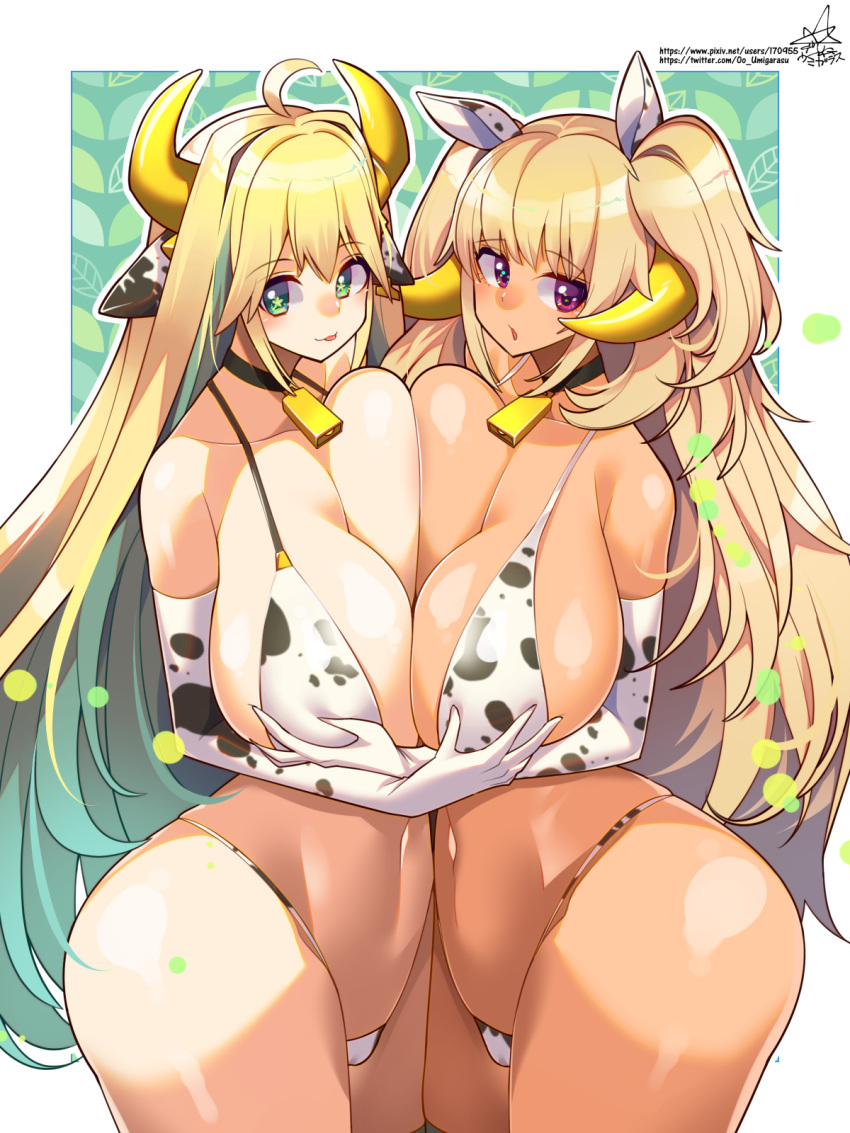 2girls :p ahoge animal_ears animal_print bell bikini blonde_hair breast_press breasts choker colored_inner_hair cow_ears cow_girl cow_print cow_print_bikini cow_print_gloves cowbell dark-skinned_female dark_elven_forest_ranger dark_skin elbow_gloves elf elven_forest_maker fake_animal_ears fake_horns gloves grabbing grabbing_another's_breast green_eyes green_hair highres horns huge_breasts last_origin multicolored_hair multiple_girls navel neck_bell official_alternate_costume pointy_ears print_bikini print_gloves purple_eyes short_twintails signature star-shaped_pupils star_(symbol) swimsuit symbol-shaped_pupils symmetrical_docking tongue tongue_out twintails two-tone_hair umigarasu_(kitsune1963) web_address