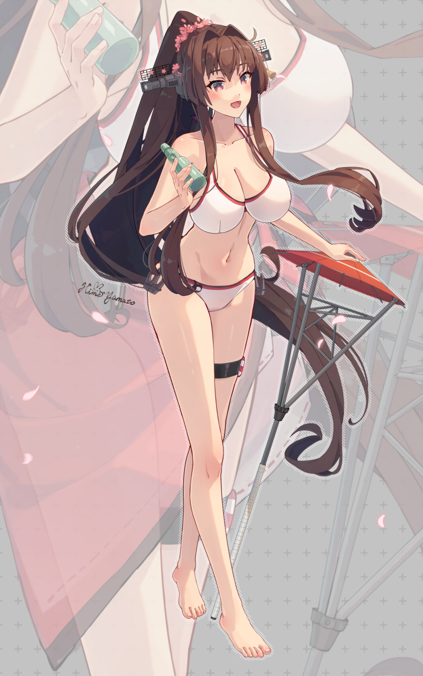 1girl alternate_costume artist_name bare_shoulders blush bottle bra breasts brown_hair cleavage commentary_request flower full_body glass_bottle hair_flower hair_intakes hair_ornament highres himeyamato holding holding_bottle kantai_collection large_breasts long_hair looking_at_viewer navel open_mouth panties ponytail ramune red_eyes signature smile solo underwear underwear_only very_long_hair white_bra white_panties yamato_(kancolle)