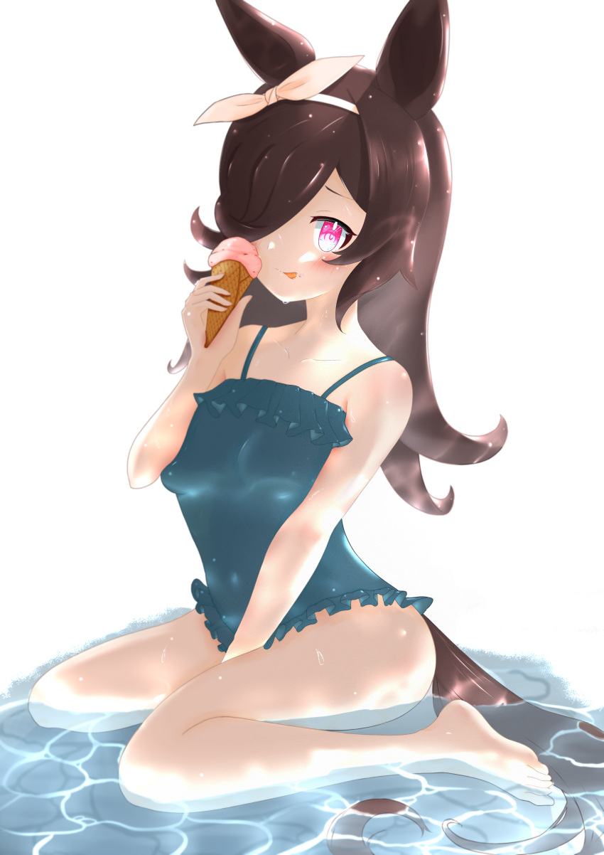 1girl absurdres animal_ears barefoot black_hair blue_one-piece_swimsuit breasts closed_mouth food hair_over_one_eye hair_ribbon hatoya_(user_addr8334) highres holding holding_food horse_ears horse_girl horse_tail ice_cream_cone licking_lips long_hair one-piece_swimsuit pink_eyes ribbon rice_shower_(umamusume) small_breasts solo swimsuit tail tongue tongue_out umamusume wading water wet white_background white_ribbon