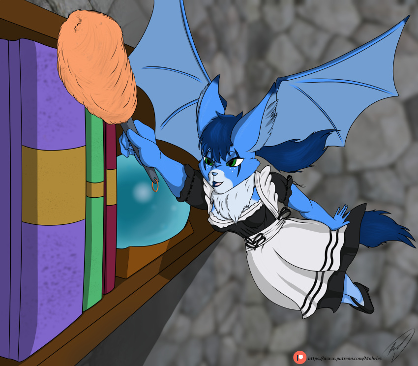 absurd_res bat blue_body blue_fur blue_hair book bookshelf breasts chest_tuft clothed clothing crystal_ball digital_media_(artwork) dress dust:_an_elysian_tail ear_tuft facial_markings female fluffy fluffy_tail fur furniture green_eyes hair head_markings hi_res inside maid_uniform mammal markings membrane_(anatomy) membranous_wings mohrlex nimbat open_mouth simple_background smile solo tail topwear tuft uniform white_body white_fur wings working