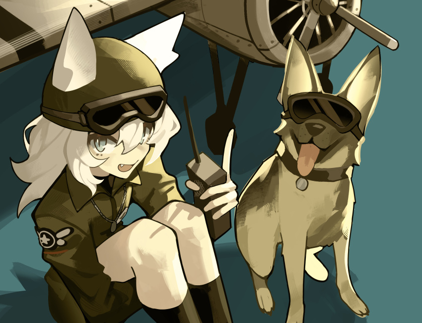 1girl aircraft airplane biplane blue_background blue_eyes dog dog_tags fang ghost_(tama) goggles goggles_on_head helm helmet highres holding_walkie-talkie hugging_own_legs looking_at_viewer medium_hair military_uniform open_mouth original shorts simple_background sitting uniform walkie-talkie white_hair wolf_girl