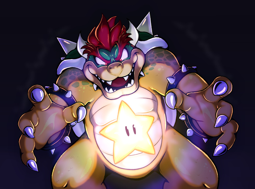absurd_res anthro bowser claws hair hi_res horn invdrscar koopa male mario_bros nintendo open_mouth red_eyes red_hair scalie solo starman teeth