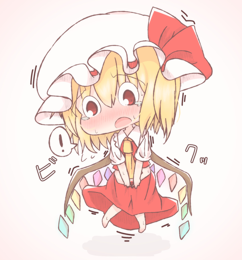 ! 1girl ascot barefoot blush chibi collared_shirt flandre_scarlet full_moon hat highres mob_cap moon multicolored_wings no_nose nose_blush open_mouth puffy_short_sleeves puffy_sleeves red_eyes red_ribbon red_skirt red_vest ribbon ribbon-trimmed_headwear ribbon_trim shirt short_sleeves shoupon simple_background skirt solo speech_bubble spoken_exclamation_mark sweatdrop touhou vest white_background white_headwear white_shirt wings yellow_ascot