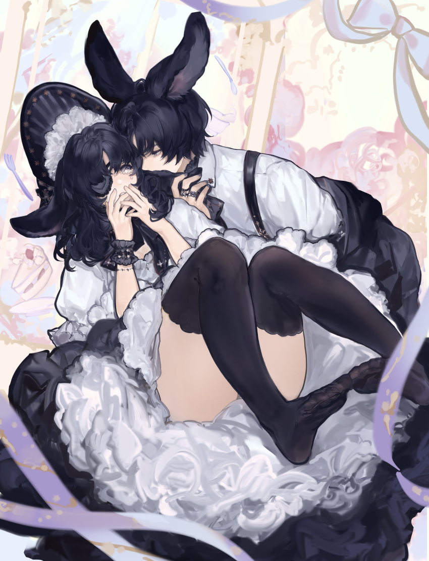 1boy 1girl absurdres animal_ears ass black_thighhighs blue_hair brother_and_sister cake cake_slice commentary_request dress eye_contact eyepatch ezenour food highres incest looking_at_another medium_hair original purple_eyes rabbit_boy rabbit_ears rabbit_girl short_hair siblings smelling_hair thighhighs