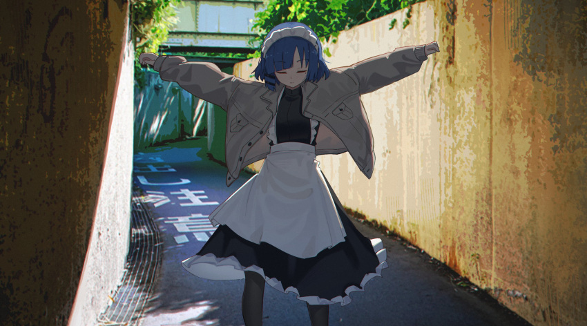 1girl alternate_costume black_thighhighs blue_hair bocchi_the_rock! brown_coat closed_eyes closed_mouth coat day enmaided hair_ornament hairclip highres jl_tan long_sleeves maid maid_headdress outdoors short_hair solo thighhighs yamada_ryo