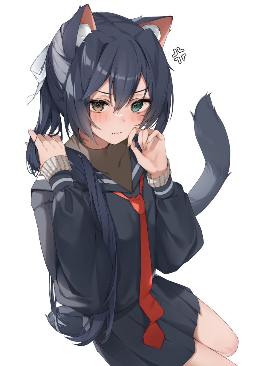 1girl absurdres adjusting_hair anger_vein animal_ear_fluff animal_ears awaki224 black_hair black_sailor_collar black_serafuku black_shirt black_skirt blush brown_eyes brown_shirt cat_ears cat_tail closed_mouth commentary_request fang feet_out_of_frame green_eyes grey_background hands_up heterochromia highres long_hair long_sleeves looking_at_viewer necktie original pleated_skirt ponytail red_necktie sailor_collar school_uniform serafuku shirt simple_background skin_fang skirt solo tail undershirt