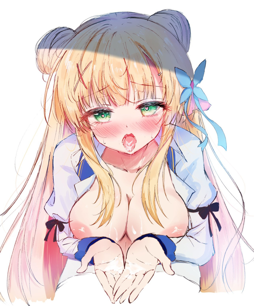 1girl aroused ashiyu0330 blonde_hair blue_bow blue_ribbon blunt_bangs blush bow breasts breasts_out cleavage collarbone cropped_torso cum cum_in_mouth cum_on_body cum_on_breasts cum_on_hands cum_on_tongue double_bun eyelashes green_eyes hair_bow hair_bun hair_ornament hair_ribbon heart heart-shaped_pupils highres juliet_sleeves kin-iro_loveriche large_breasts long_hair long_sleeves looking_at_viewer nipples no_bra open_clothes open_mouth open_shirt own_hands_together puffy_sleeves reaching reaching_towards_viewer ribbon school_uniform shirt sidelocks simple_background sketch solo straight-on sweat sylvia_le_cruzcrown_sortilege_sisua symbol-shaped_pupils tongue tongue_out upper_body very_long_hair white_background white_shirt x_hair_ornament