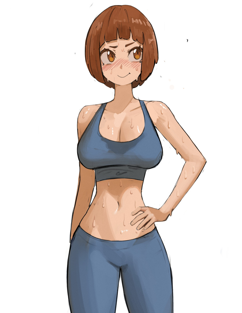 1girl absurdres blunt_bangs blush breasts brown_eyes brown_hair cleavage closed_mouth collarbone grey_pants grey_sports_bra hand_on_own_hip highres kill_la_kill large_breasts mankanshoku_mako navel pants short_hair simple_background solo sports_bra sweat sweaty_clothes tefi_blum white_background yoga_pants