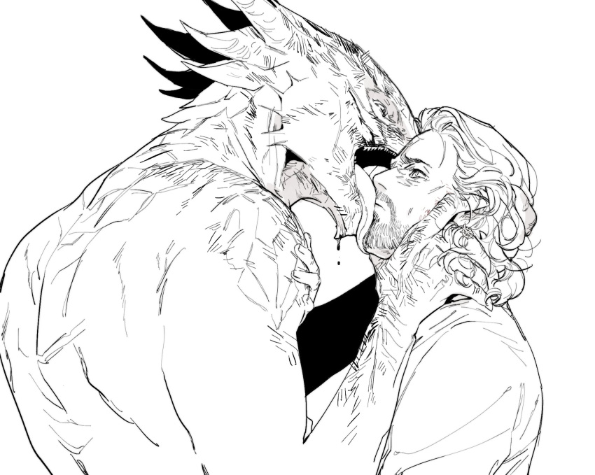 2boys baldur's_gate baldur's_gate_3 beard blood blood_on_face chinese_commentary commentary_request dark_urge_(baldur's_gate_3) dragon_boy dungeons_and_dragons earrings eliza_fox eye_contact face-to-face facial_hair from_side furry furry_male furry_with_non-furry gale_(baldur's_gate) greyscale half-closed_eyes hand_on_another's_face hand_on_another's_neck highres horns interspecies jewelry licking licking_another's_face lineart looking_at_another male_focus medium_hair monochrome multiple_boys multiple_horns open_mouth scales sharp_teeth simple_background slit_pupils teeth tongue tongue_out upper_body white_background yaoi