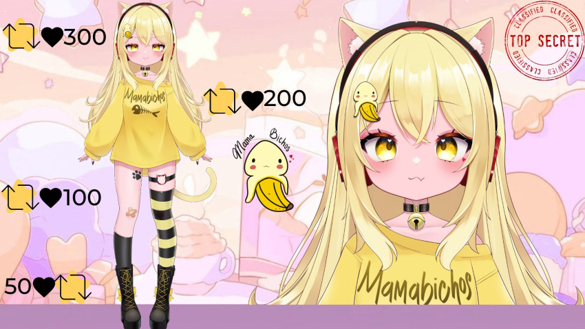 1girl :3 animal_ear_fluff animal_ears artist_request bell black_choker black_footwear black_nails black_shorts blonde_hair boots cat_ears cat_girl cat_tail choker double-parted_bangs facial_tattoo fish_bone_print hair_ornament heart heart_tattoo highres indie_virtual_youtuber jingle_bell long_hair nyana_bananya official_art platform_footwear red_headphones reference_sheet shirt shorts sidelocks striped_clothes striped_thighhighs tail tattoo thigh_strap thighhighs virtual_youtuber yellow_eyes yellow_shirt