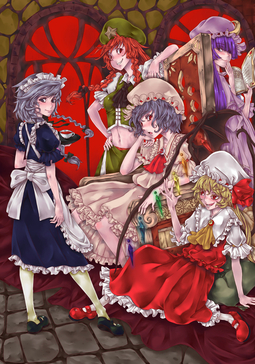 5girls apron arm_support ascot back_bow bat_wings beret black_footwear blonde_hair blue_shirt blue_skirt book bow breasts closed_mouth collared_shirt crescent crescent_hat_ornament crystal cup dress embodiment_of_scarlet_devil flandre_scarlet frilled_apron frilled_shirt_collar frilled_skirt frills from_side full_body green_headwear green_skirt green_vest grey_hair hand_on_own_hip hat hat_ornament hat_ribbon head_tilt highres holding holding_book holding_plate hong_meiling howard92718 izayoi_sakuya leaning_on_object looking_at_viewer maid maid_apron maid_headdress mary_janes midriff mob_cap multicolored_wings multiple_girls navel open_book open_mouth patchouli_knowledge pink_dress pink_headwear plate puffy_short_sleeves puffy_sleeves purple_hair red_eyes red_footwear red_hair red_ribbon red_skirt red_vest remilia_scarlet ribbon shirt shoes short_sleeves sitting skirt small_breasts standing star_(symbol) star_hat_ornament teacup teeth touhou vest white_apron white_bow white_headwear white_shirt wings yellow_ascot