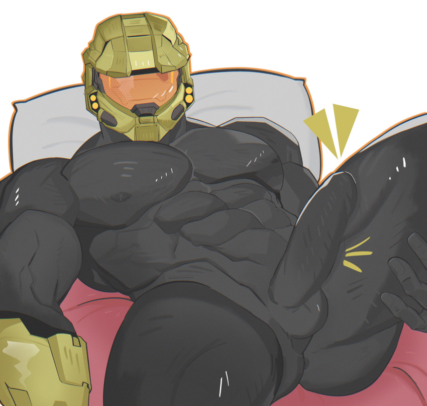 1boy absurdres black_bodysuit bodysuit bulge character_request covered_anus covered_nipples covered_penis erection erection_under_clothes feet_out_of_frame halo_(series) helmet highres jaxcian lying male_focus master_chief notice_lines on_back on_bed presenting_ass simple_background skin_tight solo spread_legs white_background