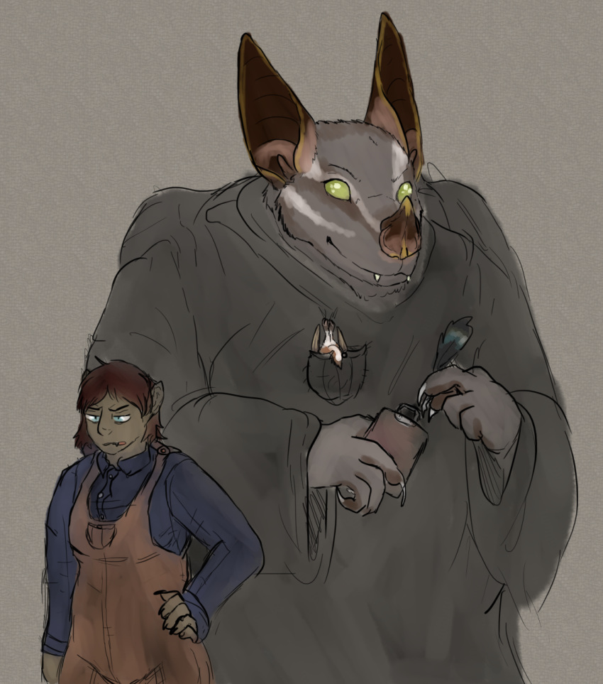 anthro bat clipboard clothing curator_(species) facial_markings female group head_markings hi_res human mammal markings microbat overalls parent_(lore) parent_and_child_(lore) robe tent_making_bat transformation welcometaco