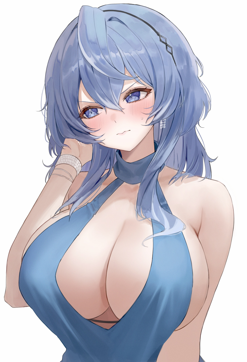 1girl absurdres ako_(blue_archive) ako_(dress)_(blue_archive) averting_eyes bangle blue_archive blue_dress blue_eyes blue_hair blush bracelet breasts cleavage dress hair_between_eyes hand_in_own_hair highres huge_breasts jewelry official_alternate_costume plunging_neckline ryu_o sideboob sideless_dress simple_background solo sweatdrop upper_body white_background