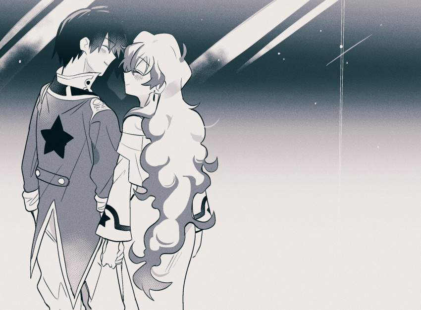 1boy 1girl closed_eyes closed_mouth couple dress earrings from_behind hetero highres holding_hands jacket jewelry long_hair long_sleeves monochrome nia_teppelin short_hair simon_(ttgl) smile tengen_toppa_gurren_lagann usame very_long_hair