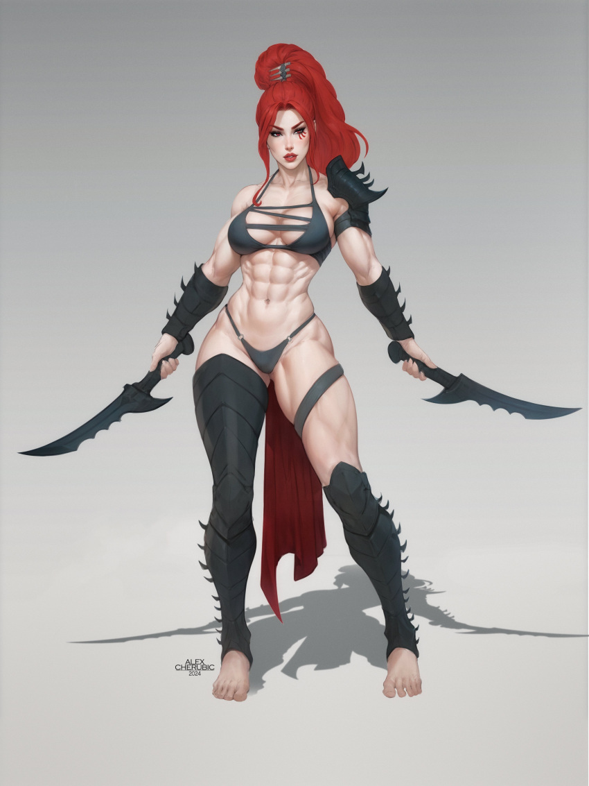 1girl abs absurdres armor barefoot bikini breasts cherubic_alex cleavage dark_eldar dual_wielding elf eye_tattoo full_body high_ponytail highres holding holding_knife knife lelith_hesperax loincloth long_hair muscular muscular_female pauldrons pointy_ears red_eyes red_hair shadow shoulder_armor signature single_pauldron solo spiked_armor swimsuit thick_thighs thighs warhammer_40k