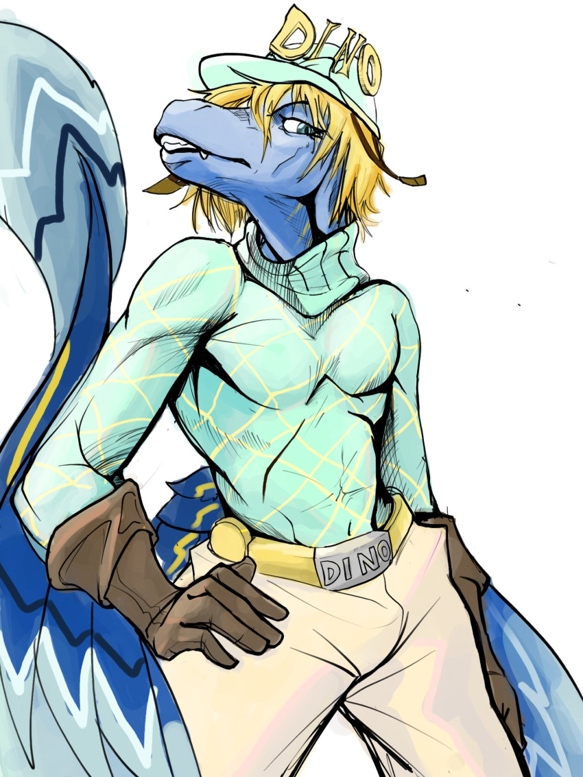 5_fingers anthro batrixy blonde_hair blue_body blue_eyes blue_feathers blue_scales clothing colored crossover diego_brando dinosaur dromaeosaurid fangs feathered_dinosaur feathers fingers gloves hair hand_on_hip handwear hat headgear headwear hi_res jojo's_bizarre_adventure long_tail male reptile scales scalie shirt simple_background snoot_game snout solo sweater tail tail_feathers teeth theropod topwear turtleneck utahraptor