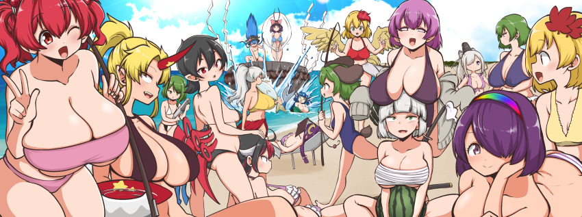 6+girls ;d absurdres aki_shizuha animal_ears asymmetrical_wings beach bikini black_bikini black_hair black_hairband black_headwear black_one-piece_swimsuit blue_bikini blue_hair blue_sky blue_wings book bow breasts chest_sarashi cleavage cloud commentary_request crescent crescent_hair_ornament cup dog_ears dog_girl dog_tail fins food frilled_bikini frills fruit green_eyes green_hair grey_eyes grey_hair hair_ornament hair_over_one_eye hairband hand_in_own_hair hat hat_bow head_fins highres himajin_noizu hinanawi_tenshi holding holding_cup horns hoshiguma_yuugi houjuu_nue huge_breasts kasodani_kyouko kazami_yuuka keystone kijin_seija konpaku_youmu large_breasts leaf_hair_ornament looking_at_viewer medium_breasts mononobe_no_futo multicolored_hair multicolored_hairband multiple_girls nagae_iku niwatari_kutaka one-piece_swimsuit one_eye_closed onozuka_komachi outdoors patchouli_knowledge pink_bikini ponytail purple_eyes purple_hair red_bow red_eyes red_wings saigyouji_yuyuko sakata_nemuno sakazuki sarashi shiki_eiki short_hair single_horn sky slingshot_swimsuit smile streaked_hair swimsuit tail tate_eboshi tenkyuu_chimata touhou two-tone_bikini two-tone_hair two_side_up w wakasagihime watermelon white_bikini wings