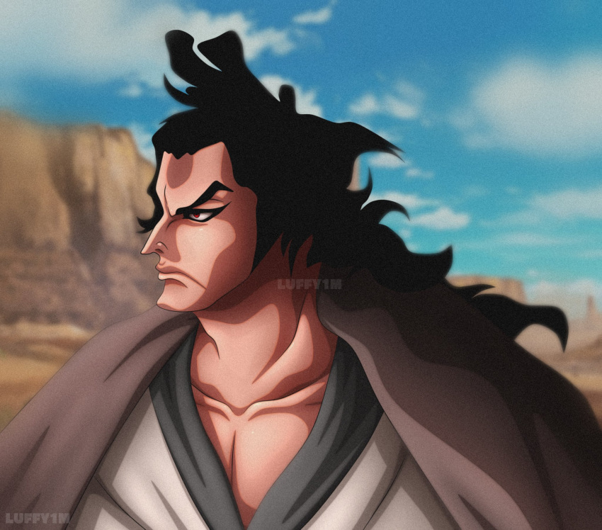 1boy arabic_commentary artist_name black_hair closed_mouth cloud cloudy_sky collarbone commentary_request english_commentary highres japanese_clothes kouzuki_oden long_hair luffy1m male_focus mixed-language_commentary one_piece orange_eyes outdoors sideburns sky solo thick_eyebrows