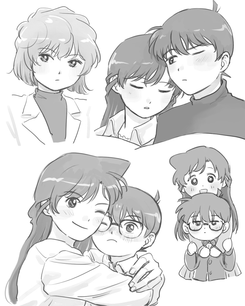 2boys 2girls blush child closed_eyes commentary_request dual_persona edogawa_conan frown glasses greyscale highres hug korea kudou_shin'ichi long_hair meitantei_conan miyano_shiho monochrome mouri_ran multiple_boys multiple_girls one_eye_closed short_hair turtleneck yumyumppang