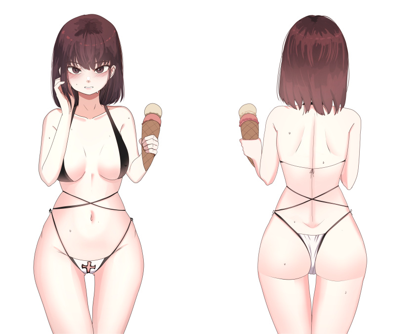 1girl absurdres ass back bikini black_bikini blush breasts brown_eyes brown_hair clenched_teeth dungeon_and_fighter food halterneck highres holding holding_food holding_ice_cream ice_cream ice_cream_cone looking_at_viewer medium_breasts medium_hair multi-strapped_bikini_bottom multiple_views nayak side-tie_bikini_bottom simple_background stomach string_bikini sweat swimsuit teeth thigh_gap thong turnaround white_background white_bikini