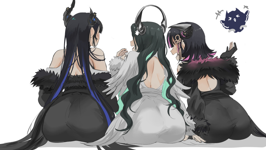 3girls aradia_ravencroft ass ass_focus asymmetrical_horns back black_hair blue_hair colored_inner_hair commentary_request demon_horns facing_away from_behind highres hololive hololive_english horns huge_ass jailbird_(nerissa_ravencroft) long_hair malpha_ravencroft multicolored_hair multiple_girls nerissa_ravencroft nerissa_ravencroft_(1st_costume) pink_hair set7 short_hair siblings simple_background sisters smile two-tone_hair uneven_horns virtual_youtuber