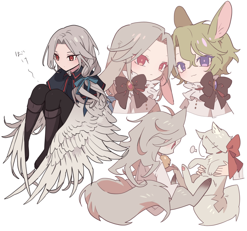 2boys animal animal_ears animalization bell black_pants blue_ribbon boots brown_footwear cat closed_mouth commentary_request ensemble_stars! feathered_wings full_body grey_hair hair_between_eyes highres holding holding_animal holding_cat kemonomimi_mode knee_boots knees_up long_hair looking_at_viewer lop_rabbit_ears low_ponytail male_focus meremero multiple_boys multiple_views neck_bell pants puff_of_air purple_eyes rabbit_ears ran_nagisa red_eyes ribbon short_hair simple_background sitting tomoe_hiyori translation_request white_background white_wings winged_arms wings