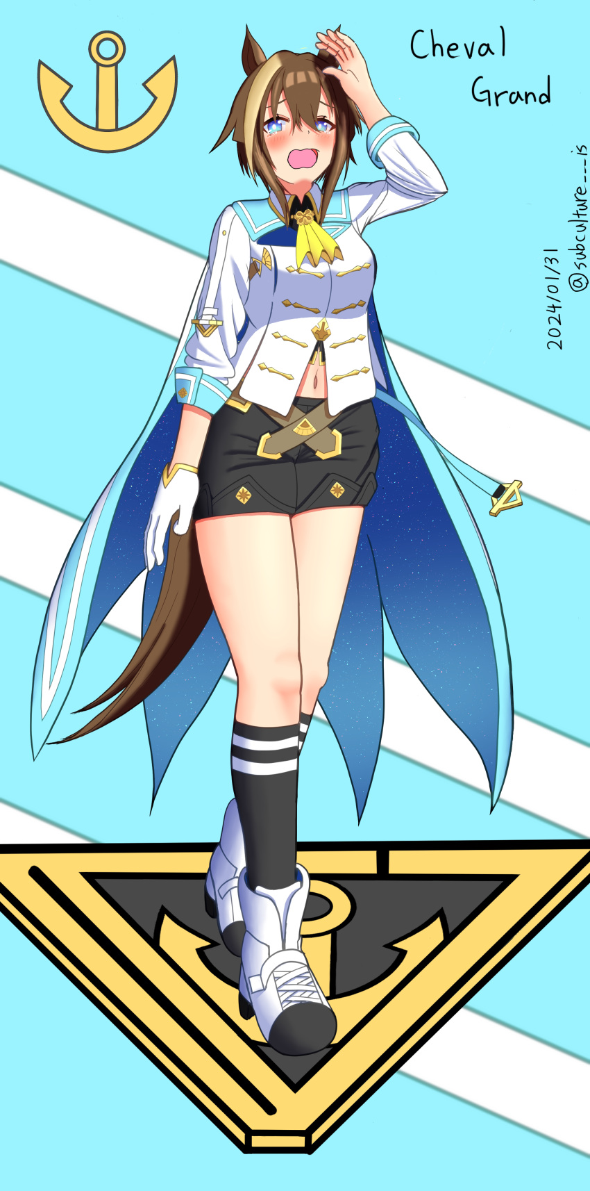 1girl absurdres animal_ears ascot black_shorts black_socks blue_cape blue_eyes blush brown_hair cape character_name cheval_grand_(umamusume) commentary_request dated full_body hair_between_eyes hat highres horse_ears horse_girl jacket light_blue_background looking_at_viewer multicolored_hair navel no_headwear open_mouth shorts simple_background socks solo standing streaked_hair subculture_is twitter_username two-tone_background umamusume white_background white_footwear white_hair white_jacket yellow_ascot