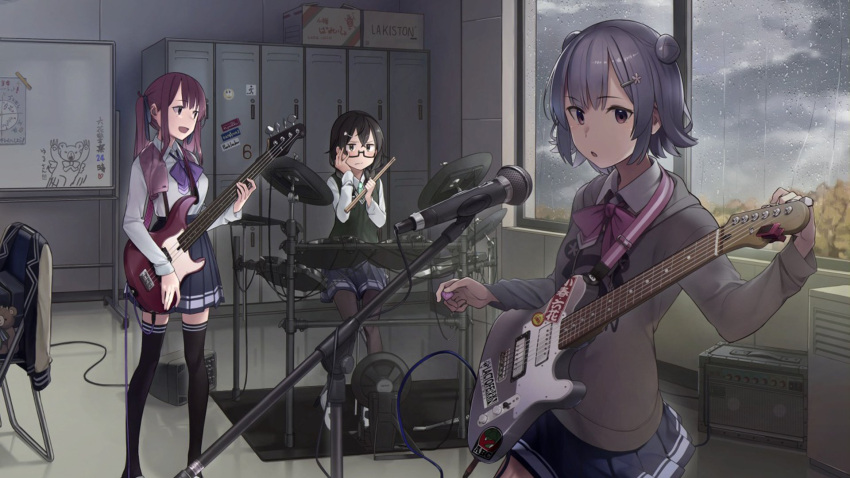 3girls :o amplifier black_hair black_pantyhose black_thighhighs blazer blue_skirt bow bowtie box braid cardboard_box cevio character_name clubroom collared_shirt commentary_request double_bun drum drum_set drumsticks flipped_hair frown garter_straps glasses green_necktie green_sweater_vest grey_hair grey_hoodie guitar hair_bun hair_ornament hair_over_shoulder hairclip hanakuma_chifuyu hand_on_own_cheek hand_on_own_face highres holding holding_drumsticks holding_guitar holding_instrument holding_plectrum hood hood_down hoodie indoors instrument jacket koharu_rikka kuz lakiston locker long_hair long_sleeves looking_at_another looking_at_viewer loose_bowtie low_twin_braids multiple_girls natsuki_karin necktie official_art overcast pantyhose pink_bow pink_bowtie pleated_skirt plectrum purple_bow purple_bowtie purple_hair rain school school_uniform second-party_source shirt short_hair single_garter_strap sitting skirt sky smile standing stool stuffed_animal stuffed_toy suspender_skirt suspenders sweater_vest synthesizer_v teddy_bear thighhighs twin_braids twintails unworn_jacket white_shirt whiteboard window