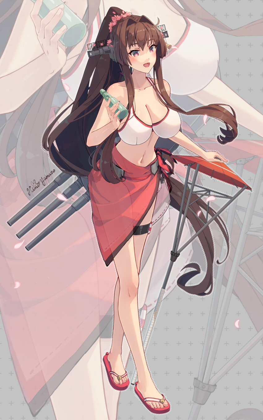 1girl alternate_costume bare_shoulders bikini blush breasts brown_hair cleavage collarbone crossed_legs full_body hair_intakes highres himeyamato kantai_collection large_breasts long_hair looking_at_viewer navel open_mouth ponytail purple_eyes sandals shoes sidelocks smile sneakers swimsuit toes umbrella very_long_hair watson_cross white_bikini yamato_(kancolle)