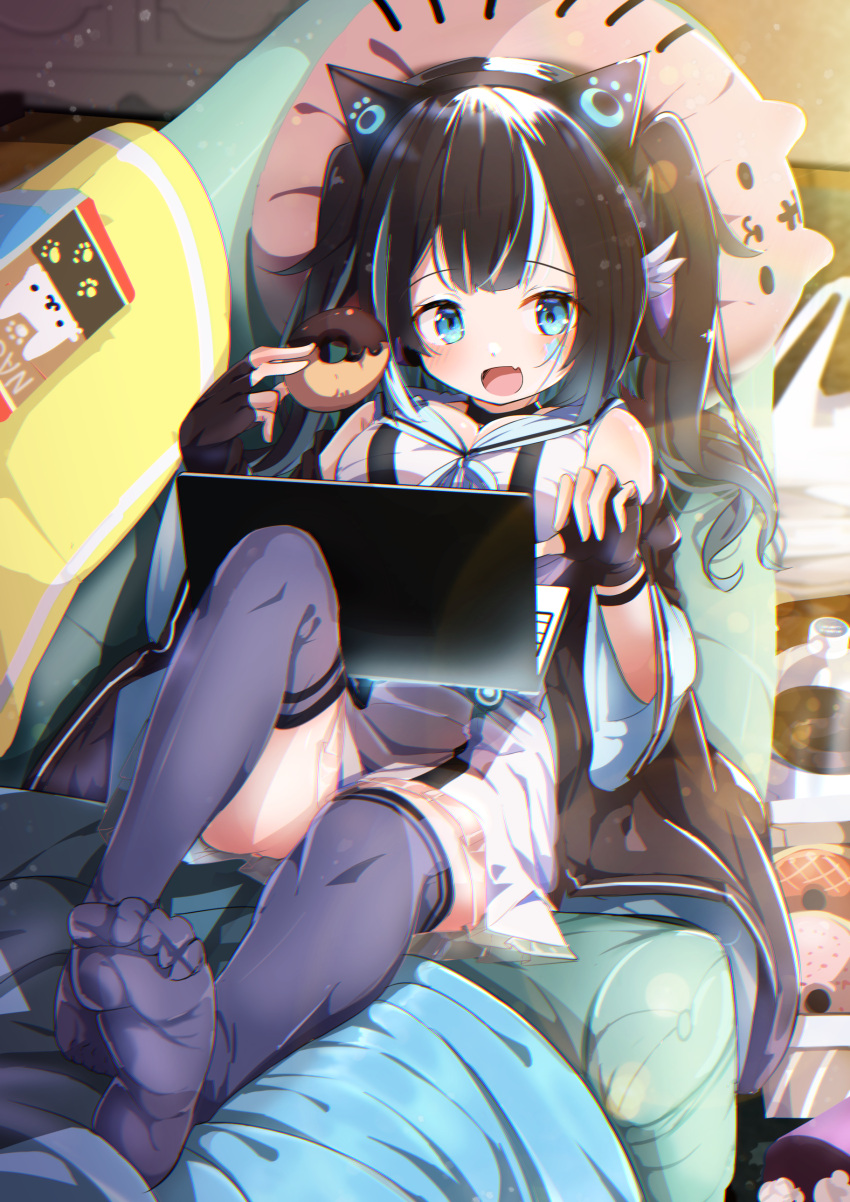 1girl absurdres animal_ears bare_shoulders black_hair black_thighhighs blue_eyes blue_hair cat_ears commission cyan_nyan highres indie_virtual_youtuber multicolored_hair shiro9jira skeb_commission solo thighhighs thighs two-tone_hair