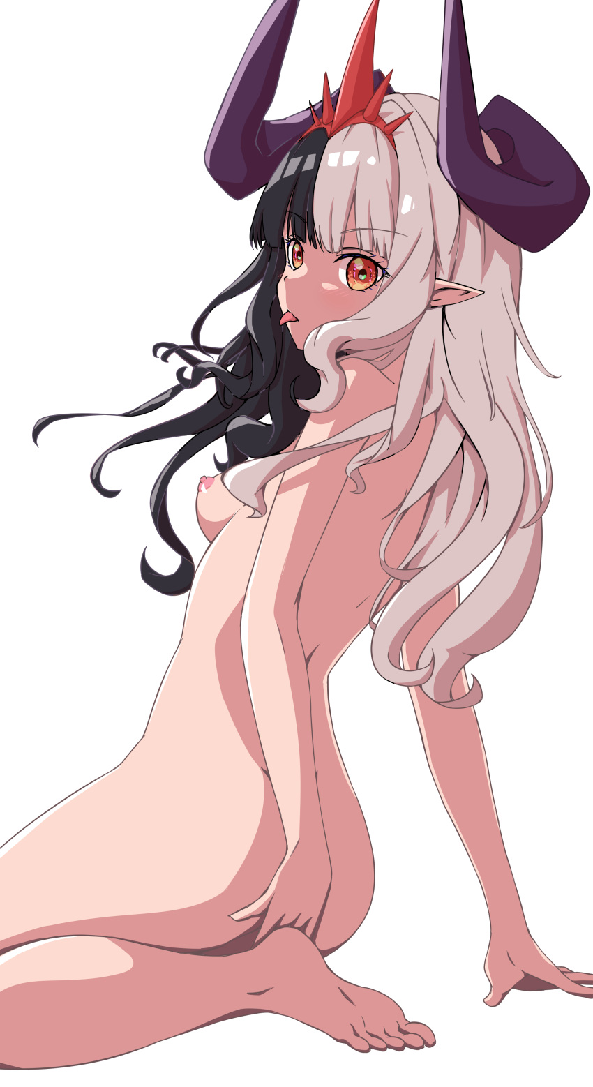 1girl absurdres bare_back blush breasts commission commissioner_upload from_behind hand_on_own_hip highres horns medium_hair multicolored_hair nanatsu_no_taizai_grand_cross nipples non-web_source nude orange_eyes petite pointy_ears queen_hel_(nanatsu_no_taizai_grand_cross) skeb_commission small_breasts solo tiara tongue tongue_out two-tone_hair yaya_eshage