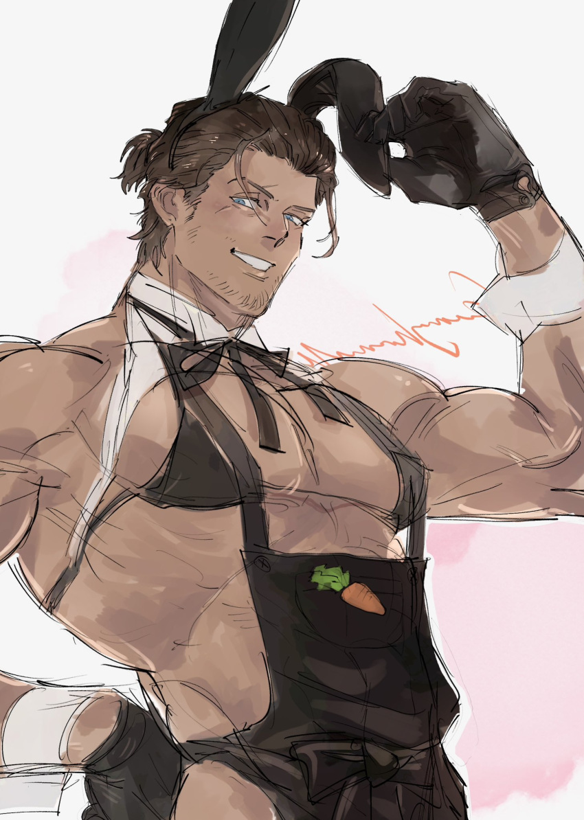 1boy adventurer_(ff14) alternate_costume animal_ears apron bara black_apron black_bra blue_eyes bra brown_hair carrot_print crossdressing final_fantasy_xiv_dawntrail food_print from_below gsg7pk hair_slicked_back hand_on_own_ear highres hyur large_pectorals looking_at_viewer male_focus male_playboy_bunny mature_male medium_hair muscular muscular_male pectoral_cleavage pectorals pulling_own_ear rabbit_ears scar scar_across_eye smile solo sparse_stubble thick_eyebrows underwear unfinished upper_body viper_(final_fantasy) warrior_of_light_(ff14)