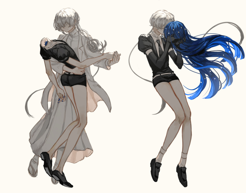 2others absurdres androgynous belt black_footwear black_necktie blue_hair blue_nails commentary covered_eyes covered_face crystal_hair dancing dual_persona english_commentary floating_hair full_body gem_uniform_(houseki_no_kuni) ghost_quartz_(houseki_no_kuni) grey_hair grey_nails hair_over_eyes headless highres holding_another's_head houseki_no_kuni iciriini implied_kiss lab_coat lapis_lazuli_(houseki_no_kuni) loafers long_hair multiple_others necktie other_focus puffy_short_sleeves puffy_sleeves sandals severed_head shoes short_hair_with_long_locks short_sleeves simple_background socks solo spoilers tsuki_jin very_long_hair white_background white_footwear white_socks zouri