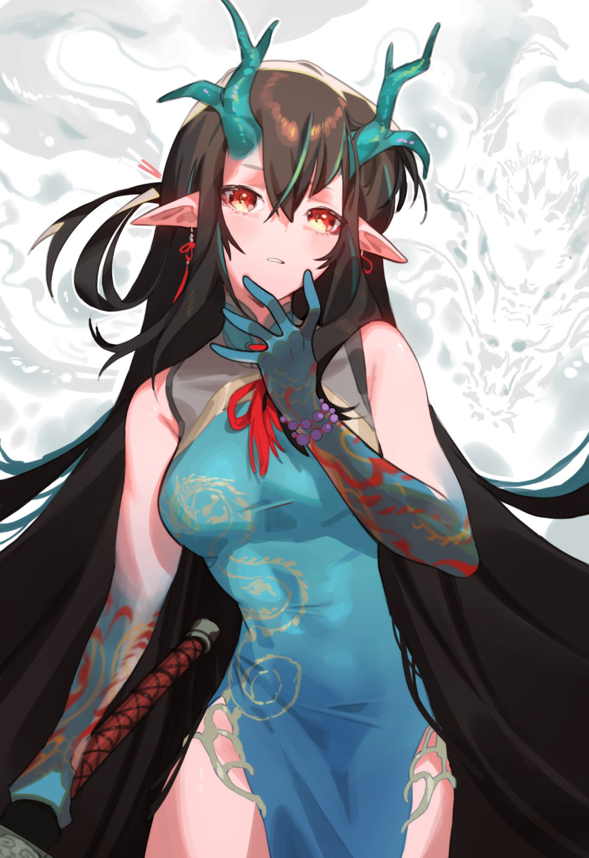 1girl arknights bead_bracelet beads black_hair blue_dress bracelet breasts china_dress chinese_clothes colored_skin dragon dragon_background dragon_girl dragon_horns dress dusk_(arknights) earrings english_commentary gradient_skin green_hair green_horns green_skin highres holding holding_sword holding_weapon horns jewelry long_hair looking_at_viewer medium_breasts multicolored_hair parted_lips pointy_ears raneblu red_eyes red_skin side_slit sleeveless sleeveless_dress solo streaked_hair sword tassel tassel_earrings very_long_hair weapon