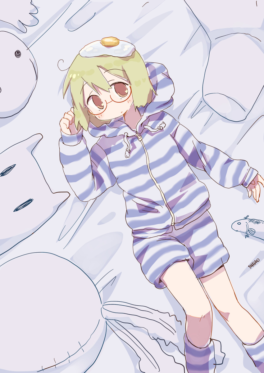 1girl absurdres artist_name bed bed_sheet blonde_hair blue_hoodie blue_shorts blue_socks closed_mouth egg_(food) fish food food_on_head fried_egg hair_between_eyes highres hood hood_down hoodie looking_at_viewer lying multicolored_clothes multicolored_hoodie multicolored_shorts multicolored_socks object_on_head orange_eyes red-framed_eyewear semi-rimless_eyewear shimeji_simulation short_hair shorts signature socks solo striped_clothes striped_hoodie striped_shorts striped_socks stuffed_animal stuffed_toy sun_visor_(mata69) white_hoodie white_shorts white_socks yamashita_majime