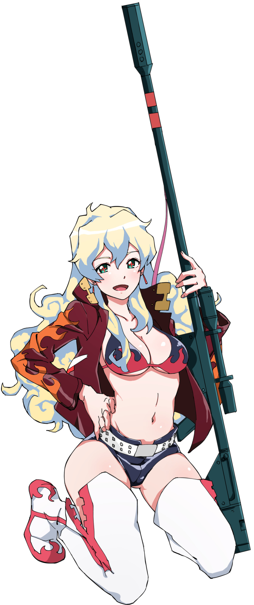 1girl absurdres belt bikini_top black_shorts blonde_hair blue_hair boots breasts cloud_hair cosplay curly_hair earrings flame_print green_eyes gun hair_between_eyes hand_on_hip highres jacket jewelry kneeling large_breasts long_hair looking_at_viewer multicolored_hair navel nia_teppelin open_clothes open_jacket pretty-purin720 red_jacket rifle short_shorts shorts simple_background solo stomach studded_belt tengen_toppa_gurren_lagann thigh_boots thighhighs two-tone_hair weapon white_background white_legwear yoko_littner yoko_littner_(cosplay)