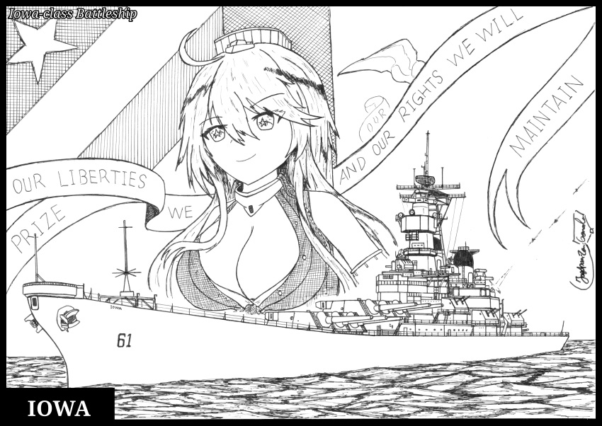 1girl absurdres ahoge breasts character_name cleavage commentary english_commentary english_text front-tie_top greyscale hat highres iowa_(kancolle) kantai_collection large_breasts long_hair monochrome name_connection object_namesake ocean star-shaped_pupils star_(symbol) symbol-shaped_pupils the_general uss_iowa_(bb-61)