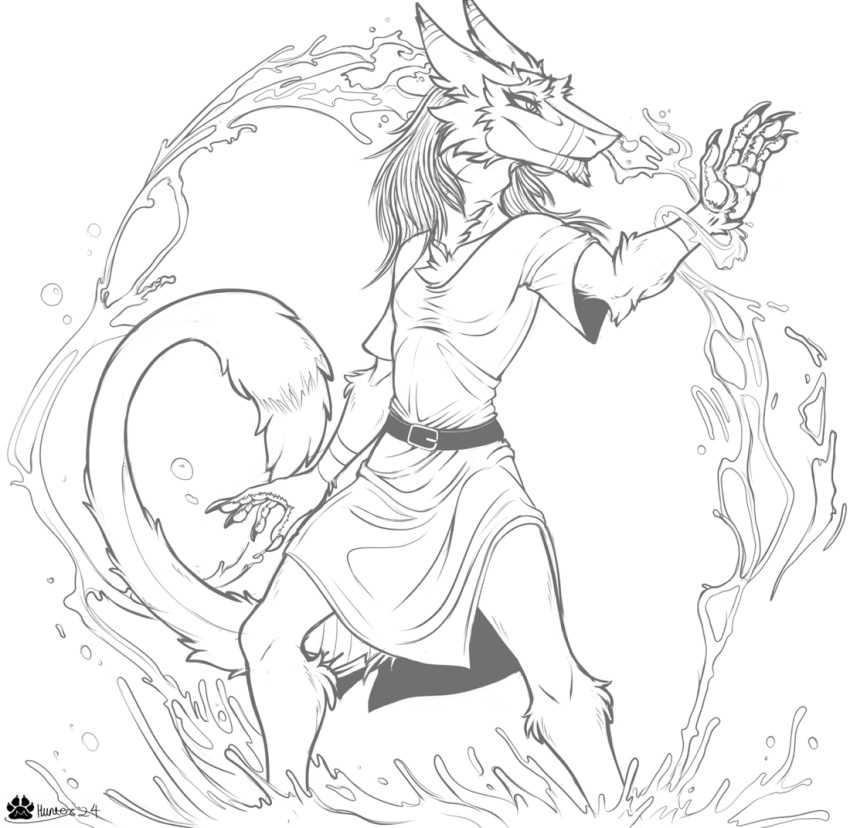 2024 anthro belt claws clothing elemental_manipulation female fur hair half-closed_eyes hanae_(seiji_the_sergal) marcushunter mouth_closed narrowed_eyes partially_submerged pointy_nose raised_tail sergal shirt signature smile solo standing standing_in_water tail tail_tuft topwear tuft tunic water_manipulation
