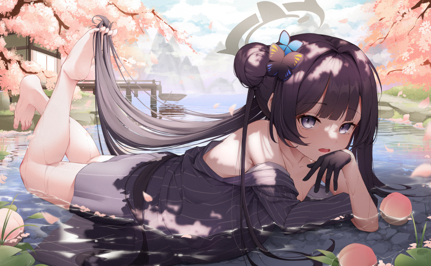 1girl absurdres barefoot black_gloves black_hair blue_archive blush boat breasts butterfly_hair_ornament cherry_blossoms coat collarbone day double_bun food fruit gloves grey_coat grey_eyes grey_halo hair_bun hair_ornament halo highres kisaki_(blue_archive) kneepits long_hair long_sleeves looking_at_viewer lying nalnari_(wkdrn0624) on_stomach open_mouth outdoors peach small_breasts solo striped_clothes striped_coat toes twintails vertical-striped_clothes vertical-striped_coat water watercraft