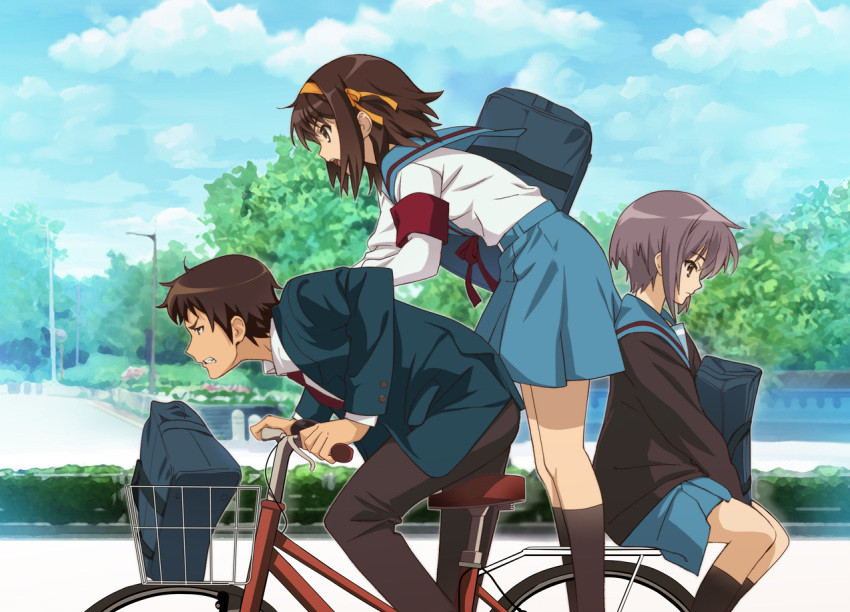 2girls armband bag bicycle_basket blue_jacket blue_sailor_collar blue_skirt brown_cardigan brown_eyes brown_hair brown_legwear brown_pants clenched_teeth closed_mouth cloud cloudy_sky collared_shirt commentary_request day feet_out_of_frame from_side gakuran hair_ribbon hairband jacket kita_high_school_uniform kneehighs kyon leaning_forward long_sleeves looking_down multiple_girls nagato_yuki necktie nyoro_(nyoronyoro000) open_clothes open_jacket open_mouth orange_hairband orange_ribbon outdoors pants park profile purple_hair red_neckwear ribbon sailor_collar school_bag school_uniform serafuku shirt short_hair sitting skirt sky standing suzumiya_haruhi suzumiya_haruhi_no_yuuutsu teeth tree v-shaped_eyebrows white_shirt