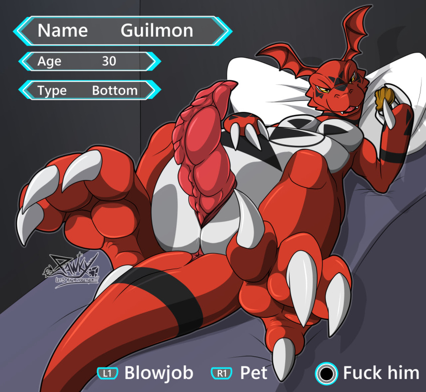 anal_juice bandai_namco bodily_fluids butt digimon digimon_(species) dinosaur erection feral genitals guilmon male overweight paws pawzzhky penis reptile scalie solo tail
