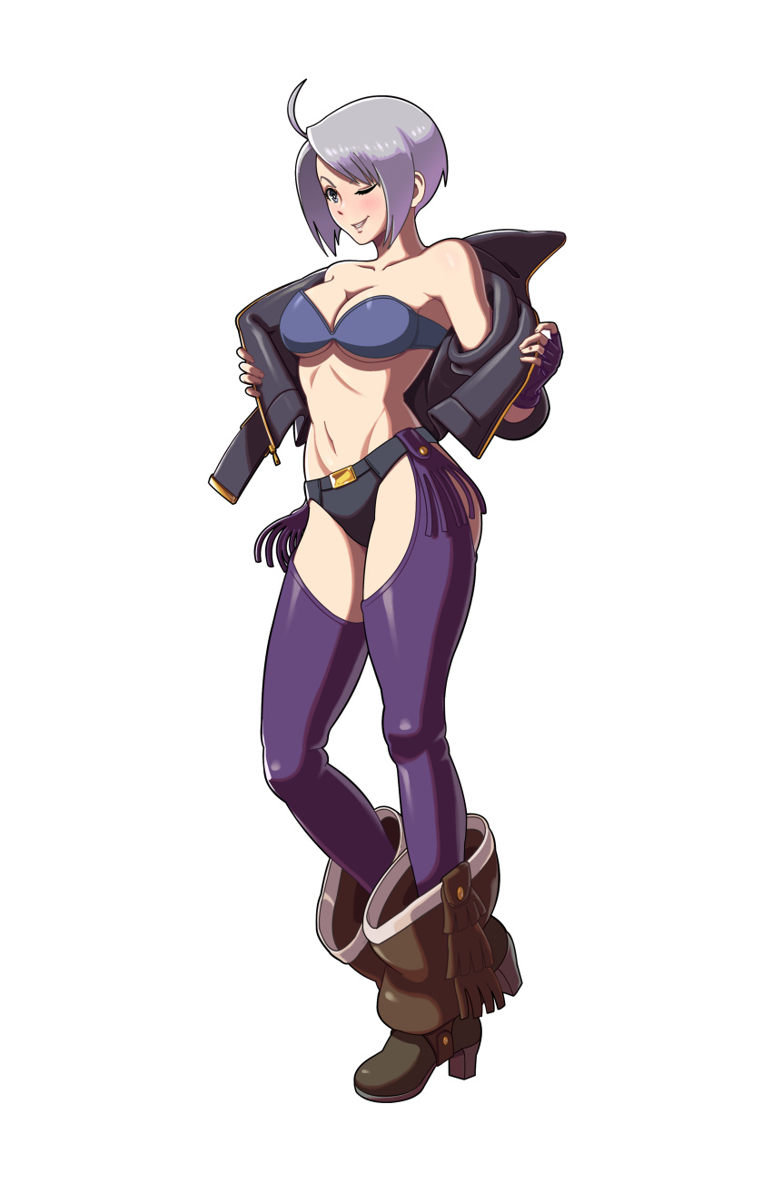 1girl absurdres angel_(kof) backless_pants blue_eyes boots bra breasts chaps cleavage cowboy_boots crop_top cropped_jacket fingerless_gloves gloves hair_over_one_eye highres jacket large_breasts leather leather_jacket midriff navel nibbon0808 panties pants short_hair smile snk solo strapless strapless_bra the_king_of_fighters the_king_of_fighters_xiv toned underwear white_hair
