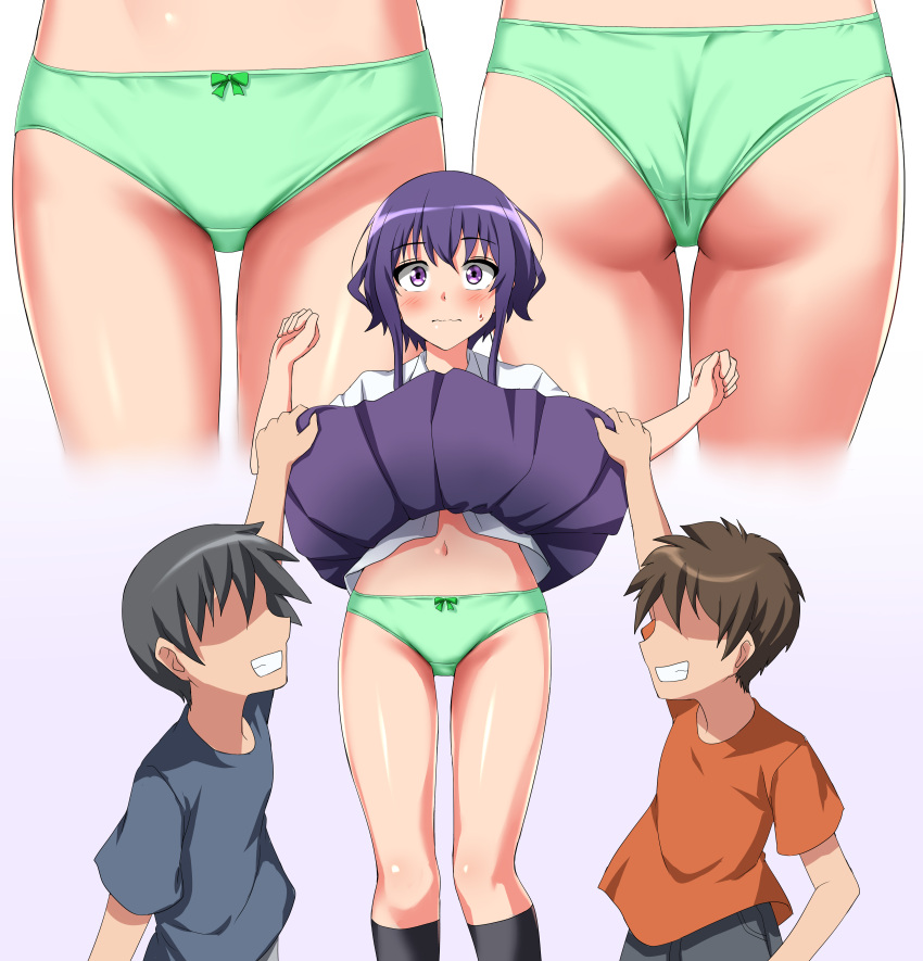 1girl 2girls absurdres ass black_socks blush bow bow_panties child closed_mouth commentary_request commission crotch_seam dress_shirt faceless faceless_male frown green_panties grin highres hyoudou_michiru kneehighs miniskirt multiple_girls multiple_views navel panties partial_commentary pixiv_commission pleated_skirt purple_eyes purple_hair purple_skirt saenai_heroine_no_sodatekata school_uniform shirt short_hair sidelocks skirt skirt_flip smile socks sweatdrop underwear white_shirt zanntetu