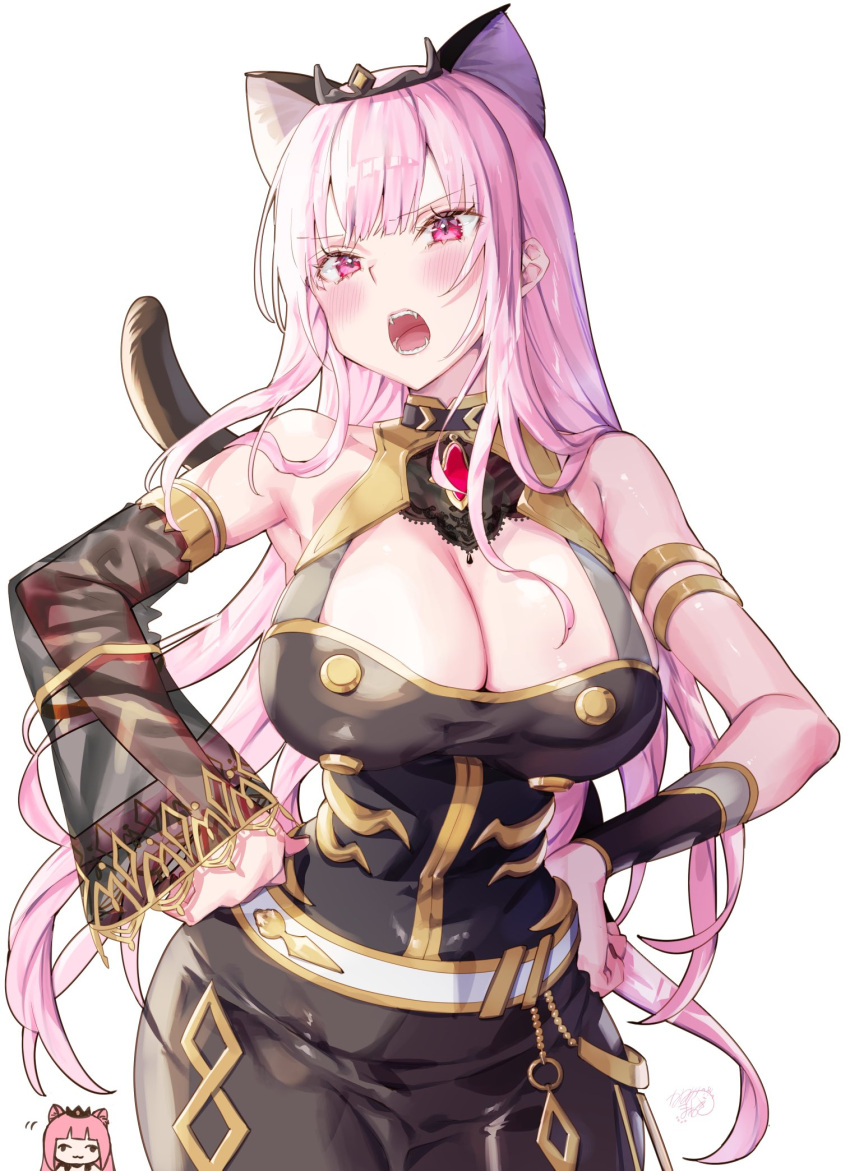 1girl animal_ears blunt_bangs blush breasts cat_ears cat_tail cleavage fake_animal_ears fake_tail hands_on_own_hips highres hololive hololive_english jewelry kamiya_maneki large_breasts long_hair looking_at_viewer mori_calliope mori_calliope_(1st_costume) open_mouth pink_eyes pink_hair simple_background solo tail tiara virtual_youtuber white_background